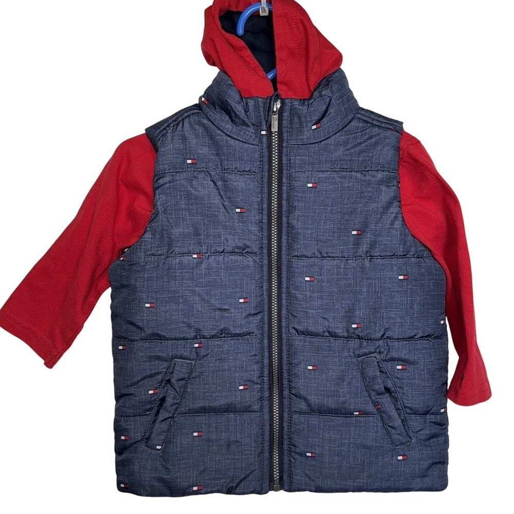 Tommy Hilfiger Navy Blue Puffer Vest With Hooded Long Sleeve Shirt 18 Months